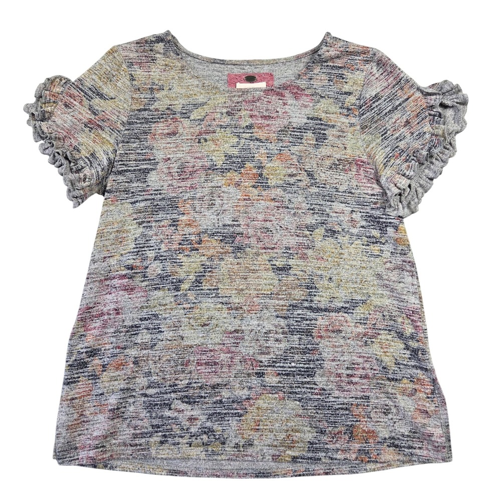 Cupio Blush Women Medium Floral Ruffle Short Sleeve Shirt Top Gray Boho Preppy